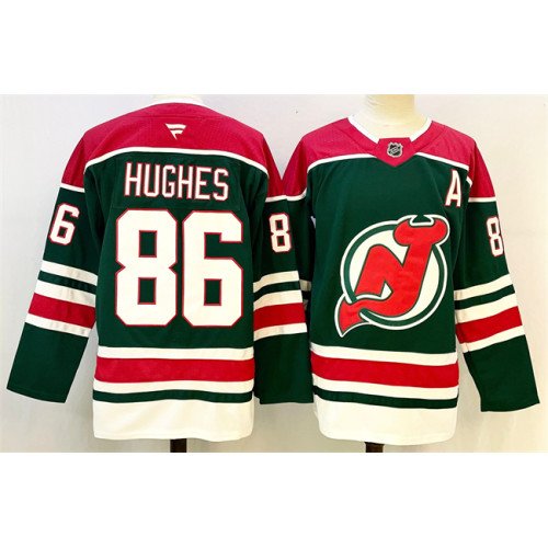 Men's New Jersey Devils #86 Jack Hughes Green Red 2024-25 With A Patch Stitched Hockey Jersey