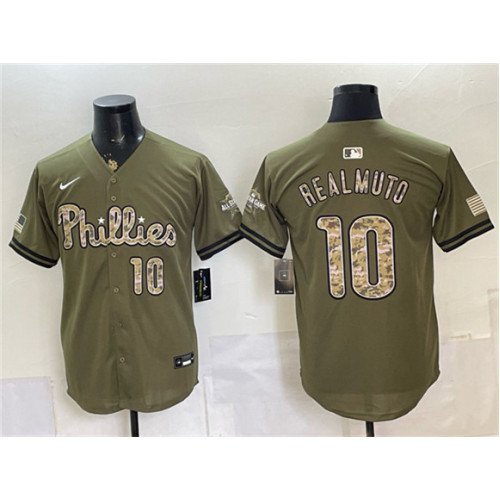 Men's Philadelphia Phillies #10 J.T. Realmuto Olive 2026 Armed Forces Day Stitched Jersey
