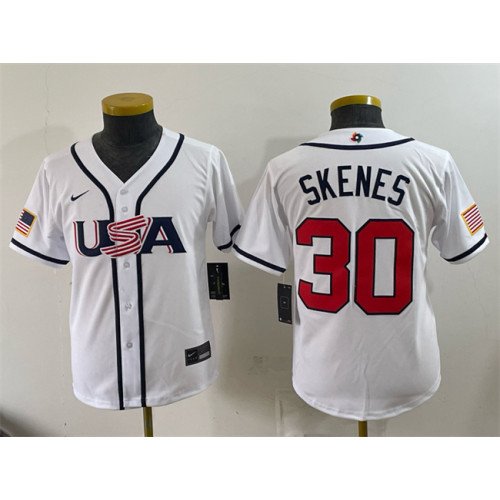 Youth USA Baseball #30 Paul Skenes White 2026 World Baseball Classic Home Stadium Stitched Baseball Jersey
