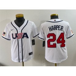 Youth USA Baseball #24 Bryce Harper White 2026 World Baseball Classic Home Stadium Stitched Baseball Jersey