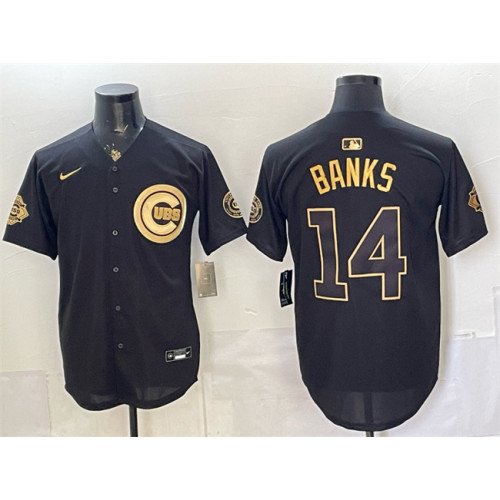 Men's Chicago Cubs #14 Ernie Banks Black Gold 150th Anniversary Patch Stitched Baseball Jersey