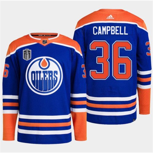 Men's Edmonton Oilers #36 Jack Campbell Royal 2024 Stanley Cup Final Patch Stitched Jersey