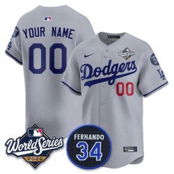 Men's Los Angeles Dodgers ACTIVE PLAYER Custom Gray 2025 World Series With No. 34 Patch Limited Stitched Jersey