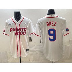 Men's Puerto Rico Baseball #9 Javier Báez White 2026 World Baseball Classic Home Stadium Stitched Jersey