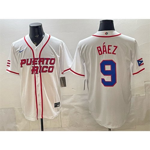 Men's Puerto Rico Baseball #9 Javier Báez White 2026 World Baseball Classic Home Stadium Stitched Jersey
