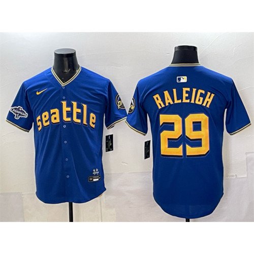 Men's Seattle Mariners #29 Cal Raleigh Royal With 2025 AL West Division Champions Patch City Connect Limited Stitched Baseball Jersey