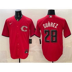 Men's Cincinnati Reds #28 Eugenio Suárez Red 2026 City Connect Stadium Stitched Baseball Jersey