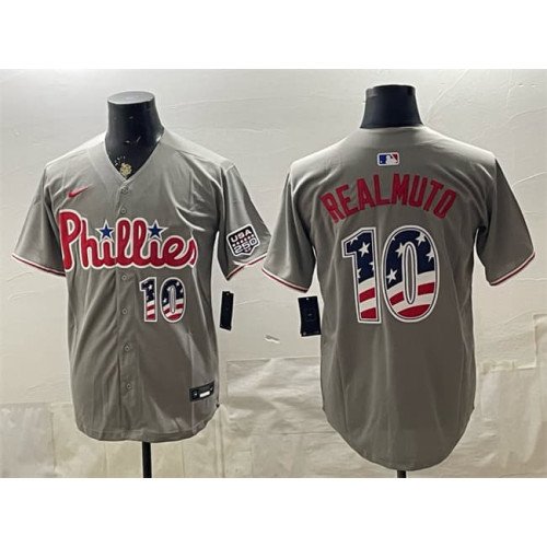 Men's Philadelphia Phillies #10 J.T. Realmuto Gray USA 250 Fourth of July Home Stitched Baseball Jersey