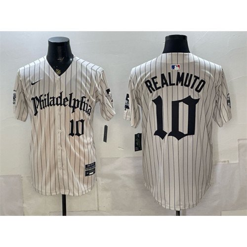 Men's Philadelphia Phillies #10 J.T. Realmuto Cream Pinstripe Gothic Vapor Limited Stitched Jersey