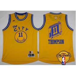 Men's Golden State Warriors #11 Klay Thompson Retro Yellow 2017 The NBA Finals Patch Jersey