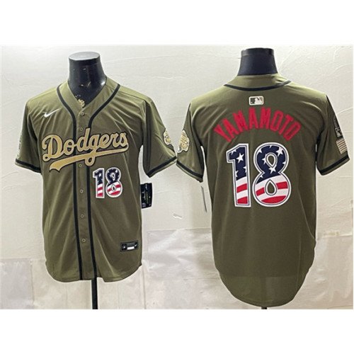 Men's Los Angeles Dodgers #18 Yoshinobu Yamamoto Olive 2026 Armed Forces Day USA 250 Fourth of July Stitched Baseball Jersey
