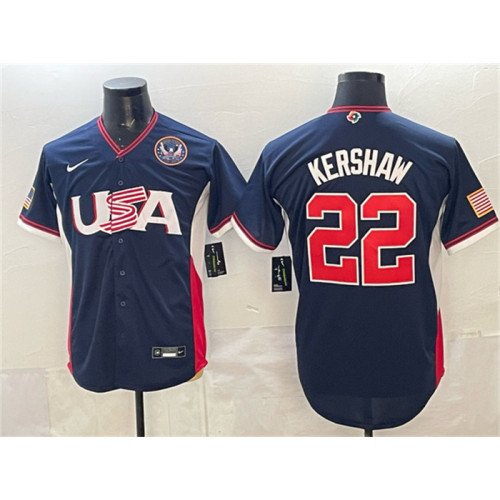 Men's USA Baseball #22 Clayton Kershaw Navy 2026 World Baseball Classic United States 250th Anniversary Patch Road Stadium Stitched Jersey