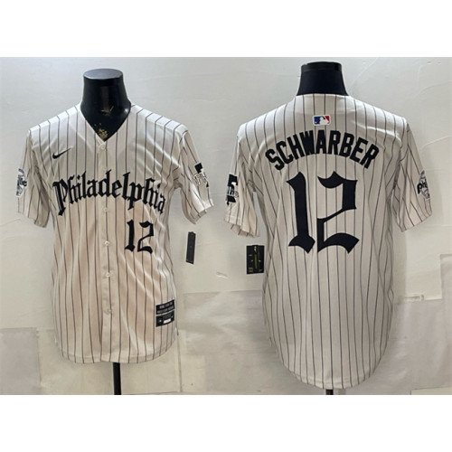 Men's Philadelphia Phillies #12 Kyle Schwarber Cream Pinstripe Gothic Vapor Limited Stitched Jersey