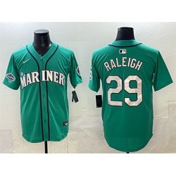 Men's Seattle Mariners #29 Cal Raleigh Aqua With 2025 AL West Division Champions Patch Limited Stitched jersey