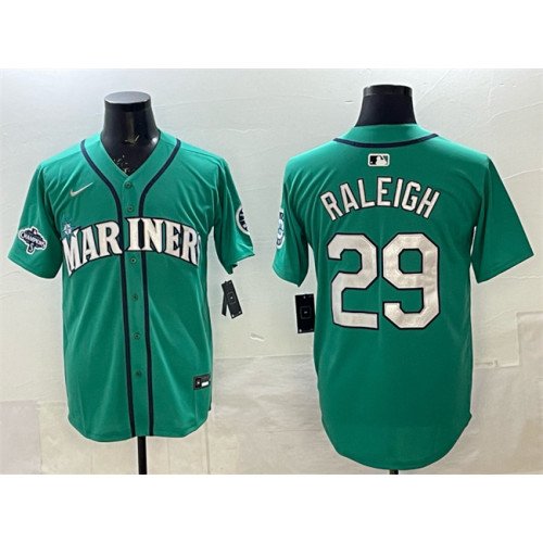 Men's Seattle Mariners #29 Cal Raleigh Aqua With 2025 AL West Division Champions Patch Limited Stitched jersey