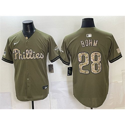 Men's Philadelphia Phillies #28 Alec Bohm Olive 2026 Armed Forces Day Stitched Baseball Jersey