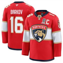 Men's Florida Panthers #16 Aleksander Barkov Red Home 2025 Stanley Cup Champions & C Patch Stitched Hockey Jersey