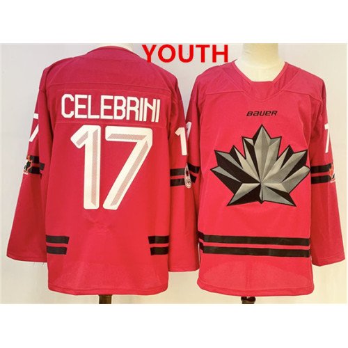 Youth Canada Hockey #17 Macklin Celebrini Red 2026 Olympics Stitched Jersey