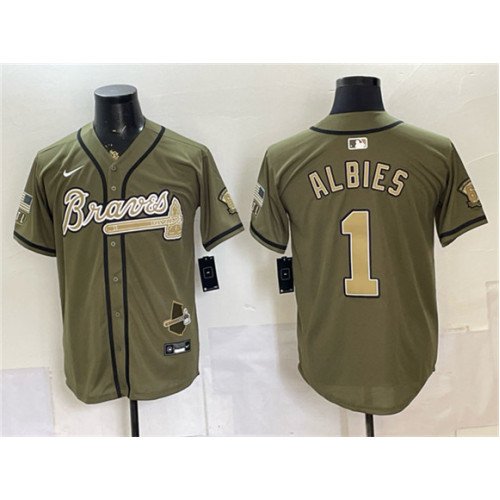 Men's Atlanta Braves #1 Ozzie Albies Olive 2026 Armed Forces Day Stitched Baseball Jersey