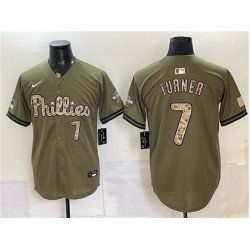 Men's Philadelphia Phillies #7 Trea Turner Olive 2026 Armed Forces Day Stitched Jersey