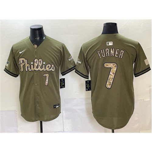 Men's Philadelphia Phillies #7 Trea Turner Olive 2026 Armed Forces Day Stitched Jersey
