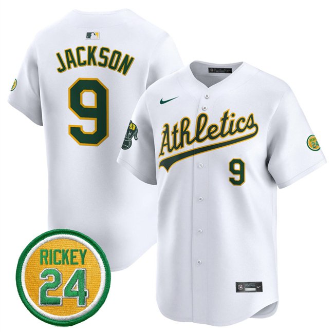 Men's Oakland Athletics #9 Reggie Jackson White 2024 Home Limited With Rickey Henderson Patch Stitched Jersey