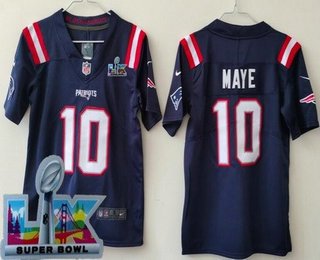 Youth New England Patriots #10 Drake Maye Limited Navy Super Bowl LX Vapor Jersey