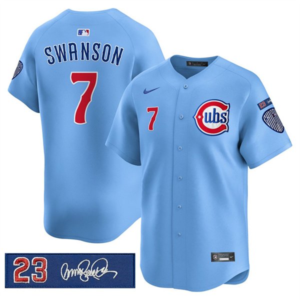 Men's Chicago Cubs #7 Dansby Swanson Blue 'Ryne Sandberg Tribute' Vapor Limited V3 Stitched Baseball Jersey