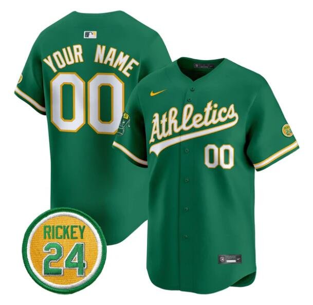 Men's Oakland Athletics Active Player Custom Green Rickey Henderson Patch Vapor Premier Limited Stitched Baseball Jersey