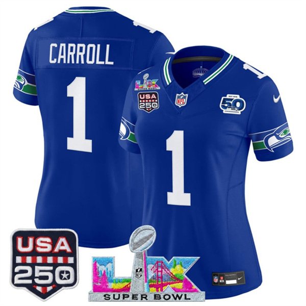Women's Seattle Seahawks #1 Pete Carroll Royal 2025 F.U.S.E. Super Bowl LX Patch And 50th Season & USA 250' Patch Vapor Throwback Limited Stitched Football Jersey(Run Small)