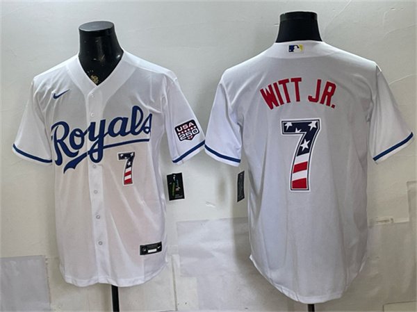 Men's Kansas City Royals #7 Bobby Witt Jr. White 250 Fourth of July Stitched Baseball Jersey