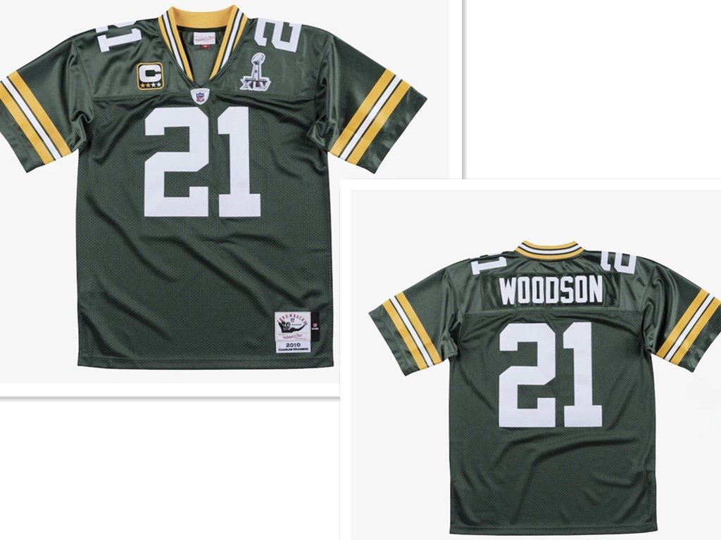 Men's Green Bay Packers #21 Charles Woodson Green With 2-star captains' patch and Super Bowl XLV patch 2010 Throwback Jersey
