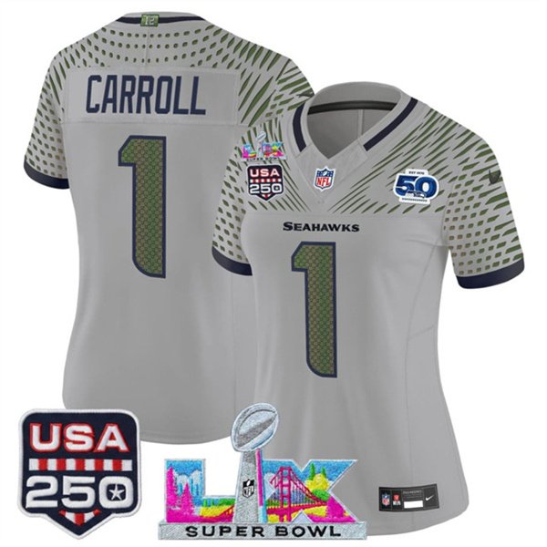 Women's Seattle Seahawks #1 Pete Carroll Gray 2025 F.U.S.E. Super Bowl LX & US 250th anniversary Patch And 50th Season Patch “Rivalries” Vapor Limited Football Stitched Jersey(Run Small)