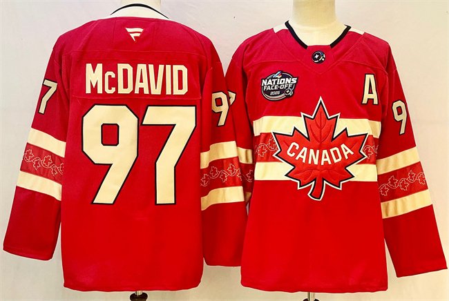 Men's Canada #97 Connor McDavid Red 2025 4 Nations Face-Off Premium Stitched Jersey