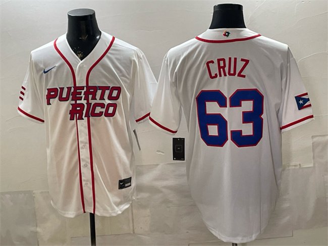 Men's Puerto Rico Baseball #63 Fernando Cruz White 2026 World Baseball Classic Home Stadium Stitched Jersey