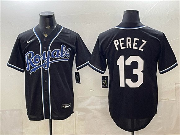 Men's Kansas City Royals #13 Salvador Perez Black 2026 Fashion Replica Black Out Stitched Baseball Jersey