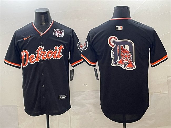 Men's Detroit Tigers Team Big Logo Navy 2026 Alternate USA 250' Patch Vapor Premier Limited Stitched Baseball Jersey