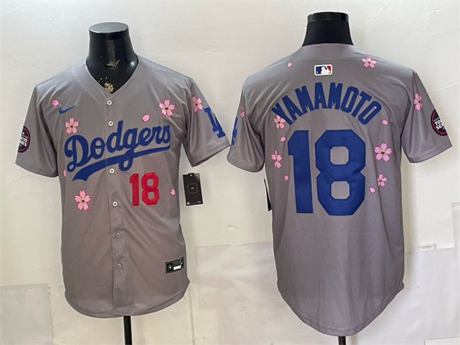 Men's Los Angeles Dodgers #18 Yoshinobu Yamamoto Grey 2025 Tokyo Series Limited Stitched Baseball Jersey