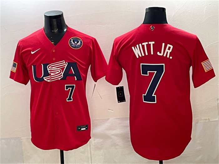 Men's USA Baseball #7 Bobby Witt Jr. Red 2026 World Baseball Classic United States 250th Anniversary Patch Stadium Stitched Jersey