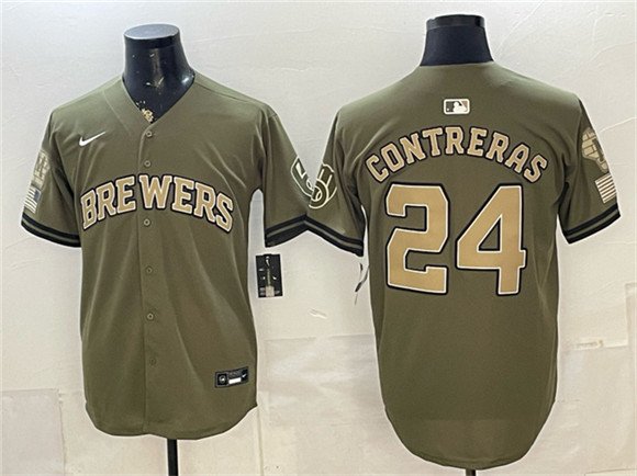 Men's Milwaukee Brewers #24 William Contreras Olive 2026 Armed Forces Day Stitched Baseball Jersey