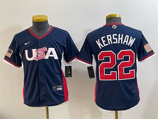 Youth USA Baseball #22 Clayton Kershaw Navy 2026 World Baseball Classic Stadium Stitched Baseball Jersey