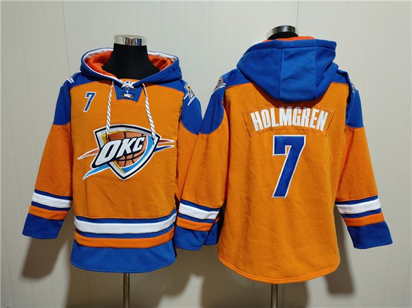 Men's Oklahoma City Thunder #7 Chet Holmgren Orange Blue Lace-Up Pullover Hoodie
