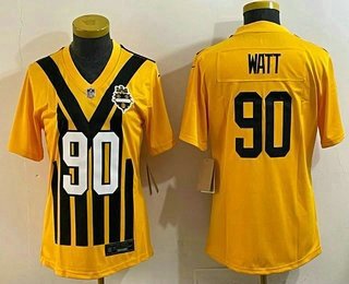 Women's Pittsburgh Steelers #90 TJ Watt Limited Yellow Throwback Vapor Jersey