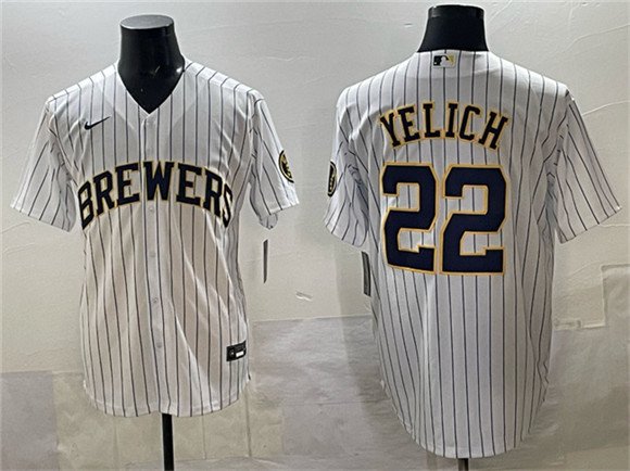 Men's Milwaukee Brewers #22 Christian Yelich White Pinstripe 2025 With Patch Stitched Jersey