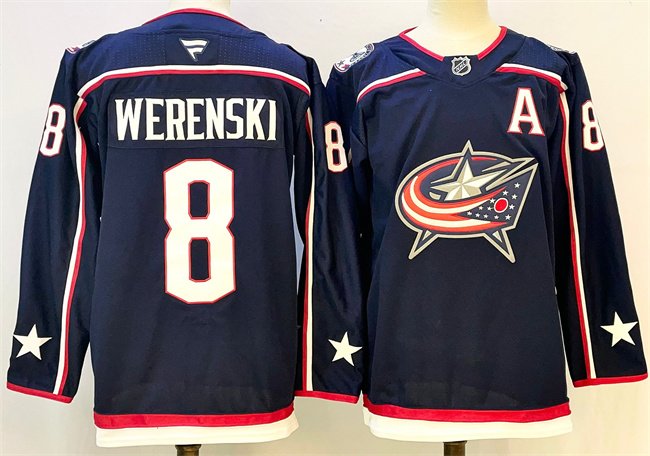 Men's Columbus Blue Jackets #8 Zach Werenski Navy With A Patch Stitched Hockey Jersey