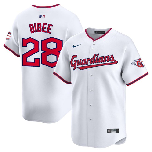 Men's Cleveland Guardians #28 Tanner Bibee White Home Limited Stitched Baseball Jersey
