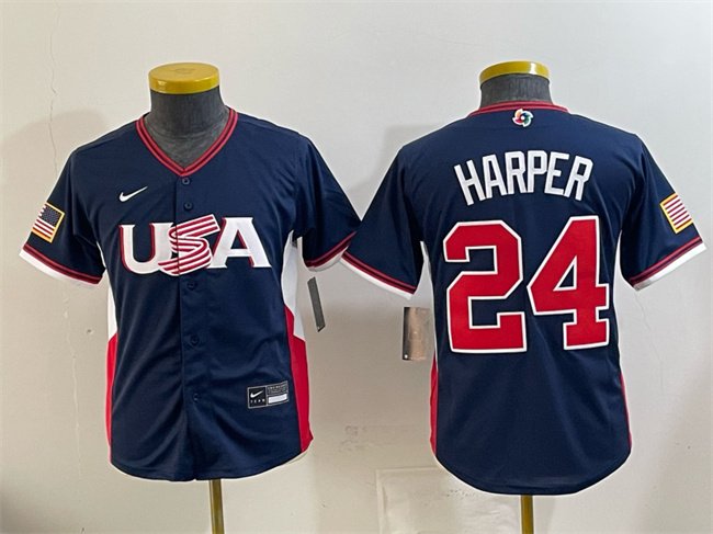 Youth USA Baseball #24 Bryce Harper Navy 2026 World Baseball Classic Stadium Stitched Baseball Jersey