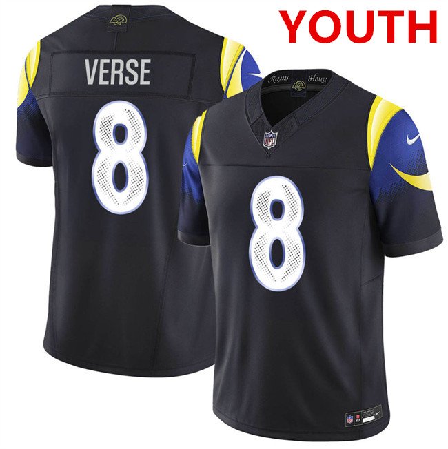 Youth los angeles rams #8 jared verse midnight blue 2025 f.u.s.e. “rivalries” vapor limited football stitched jersey