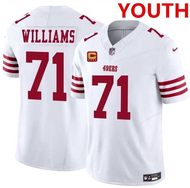 Youth san francisco 49ers #71 trent williams white 2025 f.u.s.e. with 4-star c patch vapor untouchable limited stitched football jersey