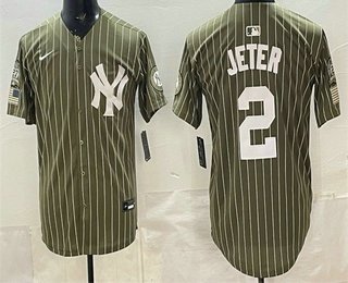 Men's New York Yankees #2 Derek Jeter Olive Pinstripe 2026 Armed Forces Day Salute To Service Jersey